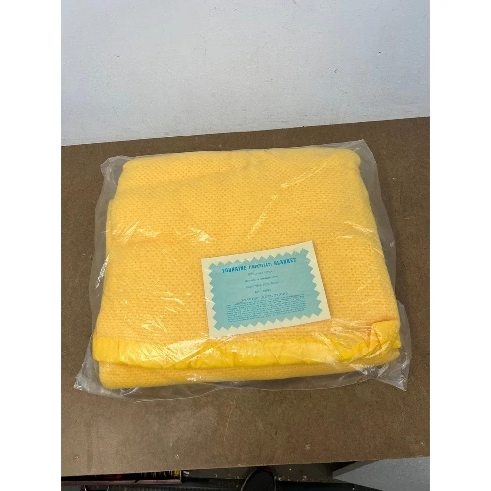 Vintage Touraine Yellow Thermal Blanket 100% Polyester Nylon Bound Imperfect NOS